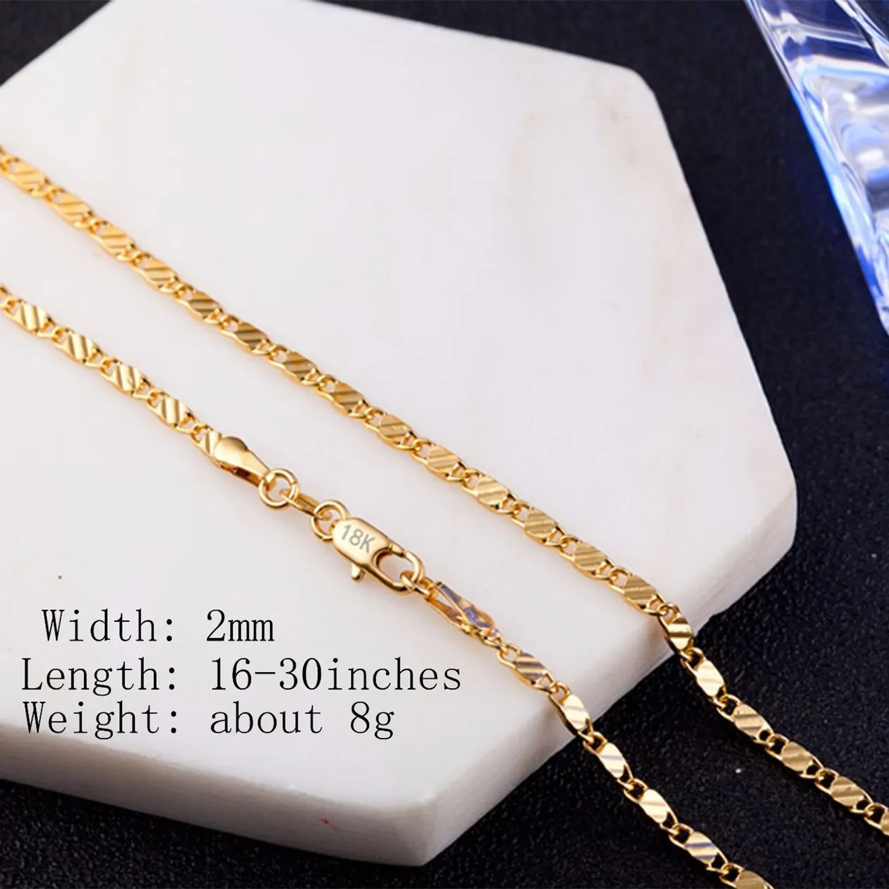 2mm フラットチェーンネックレス メンズ ヒップホップ 18K ゴールド 925 スターリングシルバー チェーン レディース ファッション DIY ジュエリー作り スタンプ付き 16 18-24インチ