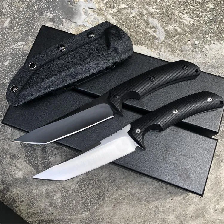 Utomhusöverlevnad Rak kniv D2 Svart / satin Tanto Blade Full Tang G10 Handle Fixed Blades Knives With Kydex