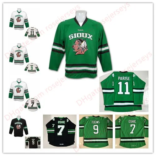 North Dakota Fighting Sioux Hawks 11 Zach Parise 9 Jonathan Toews 7 TJ Oshie 화이트 블랙 그린 스티치 대학 UND 하키 유니폼 S-3XL