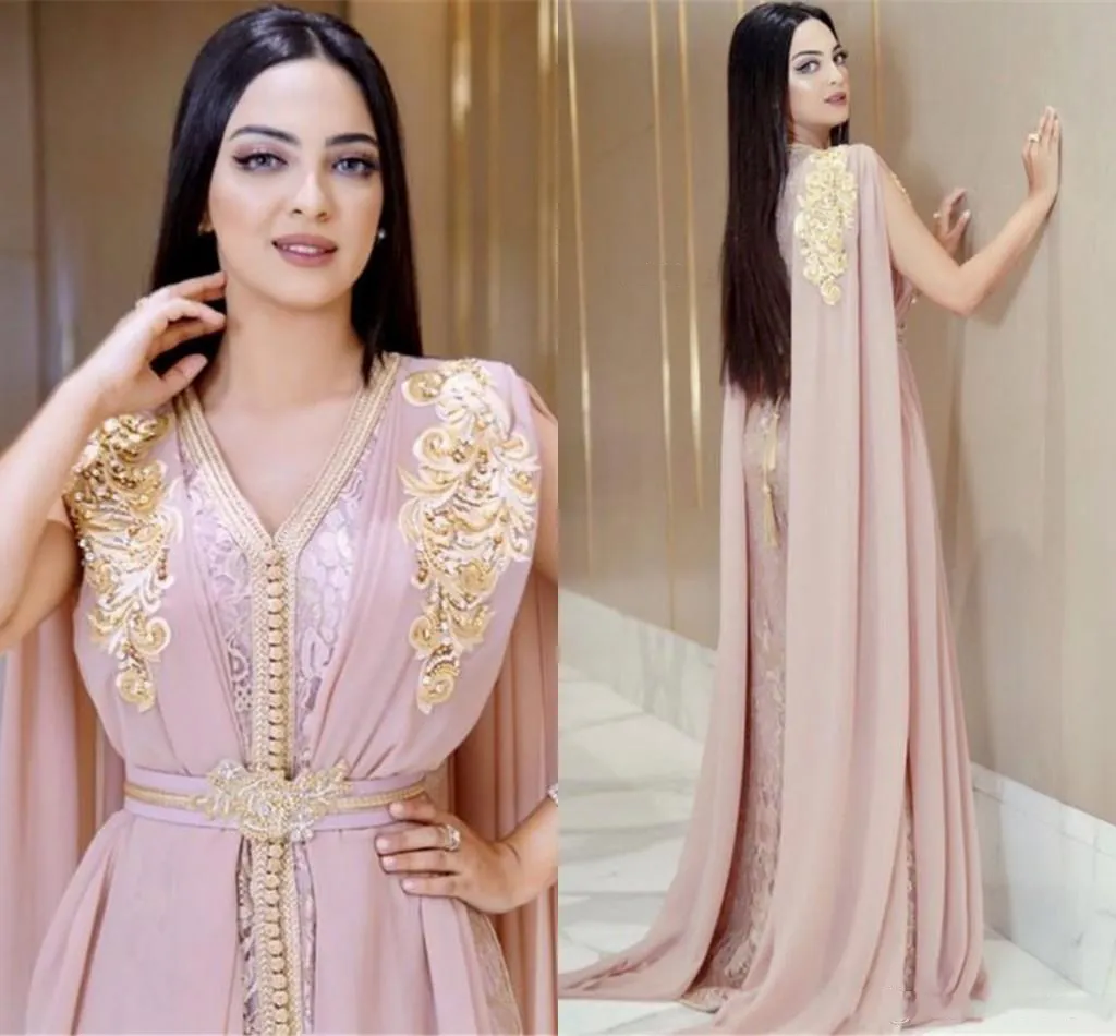 Blush Różowy Zroszony Muzułmanin Długie Suknie Wieczorowe Luksusowe Dubaj Marokańskie Kaftan Sukienka Szyfonowa V Neck Formalna Suknia Wieczorowa Dresses