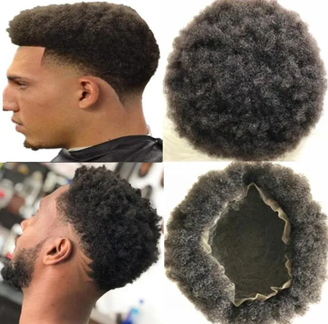 Mężczyźni Peruka Męskie Słuchawki Afro Curl Pełna Koronkowa Toupee Brown Black # 1B Malezyjski Dziewiczy Human Hair System Mężczyźni Wymiana Włosów dla Czarnych Mężczyzn