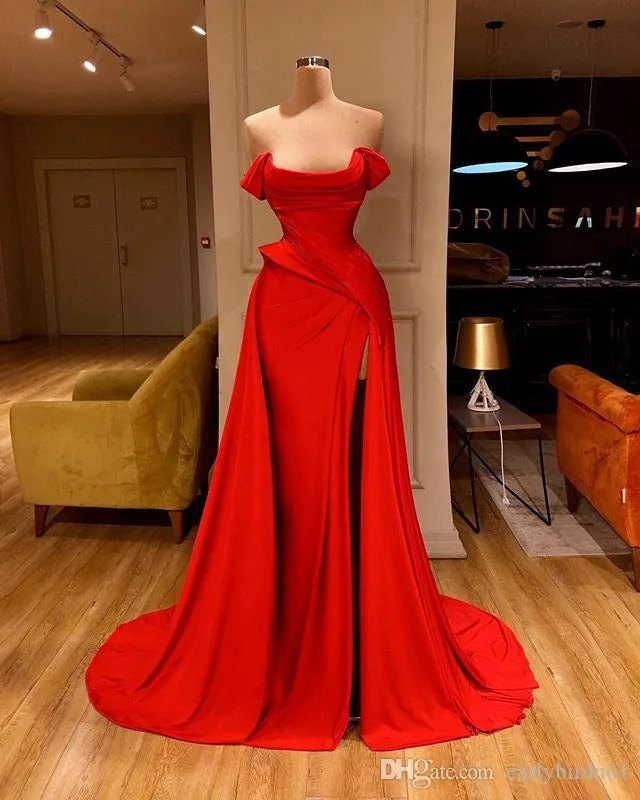 Cheap Sexy Arabic 3 Style Red Mermaid Prom Dresses High Neck Long Sleeves Evening Gown High Side Split Formal Dress Party Dress253S