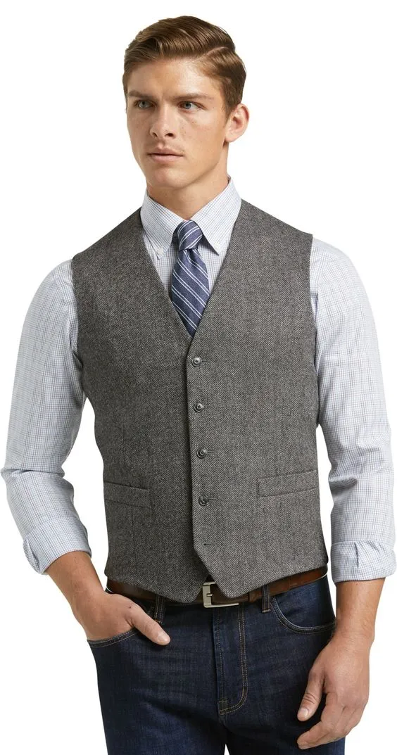 Custom Made Herringbone Vintage Wedding Waistcoat For Men Slim Fit