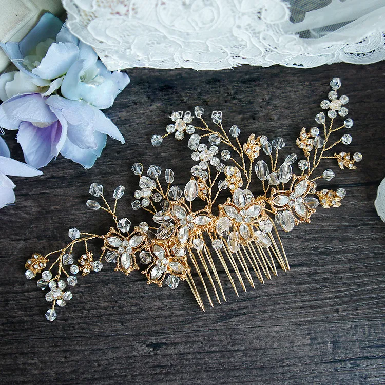 Partihandel-Crystal Bridal Hair Vine Comb Flower Headpiece Handgjorda Vintage Bröllop Hår Smycken Tillbehör Kvinnor Huvudbonader