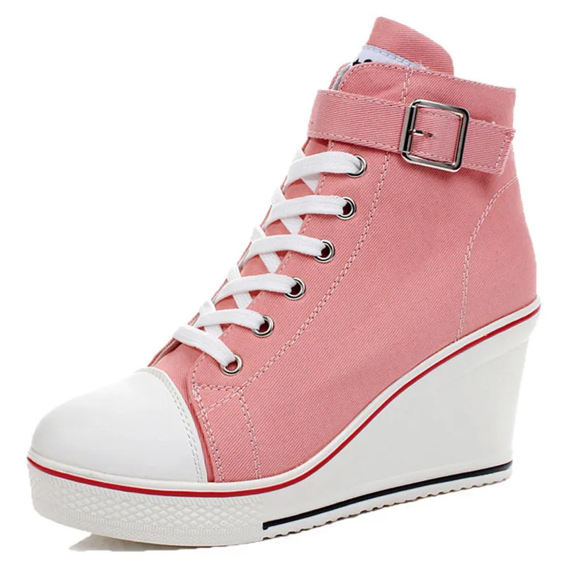 Hot Sale-New Sexy Women Breathable Wedges Canvas Shoes High Top Zippers 8cm High Heel Mujer Toning Shoes