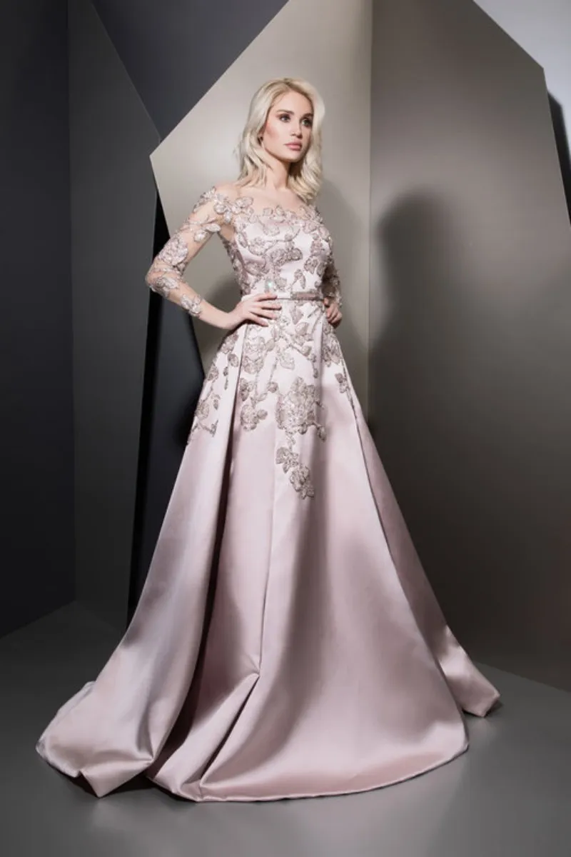 2019 Ziad Nakad Latest Prom Dresses with Detachable Train Jewel Long Sleeve Appliques Evening Dress Customized Special Occasion Gowns