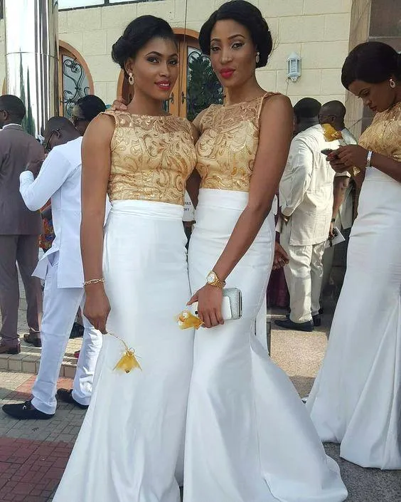 Gold Lace Mermaid Drawsmaid Vestidos 2020 Africano Cetim Casamento Vestido Vestido de Honra Vestidos Robes de Demoiselle d'Honneur BC4106