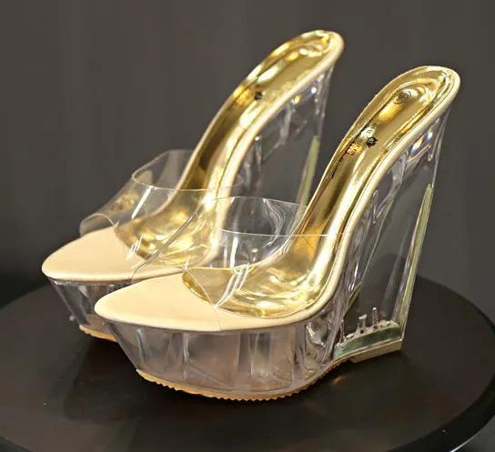 14cm Luxury Crystal Skor Rosa Blomma Beaded Wedge Heel Clear Sandals Kvinnor Designer Mules Bridal Bröllop Skor Komma med Box