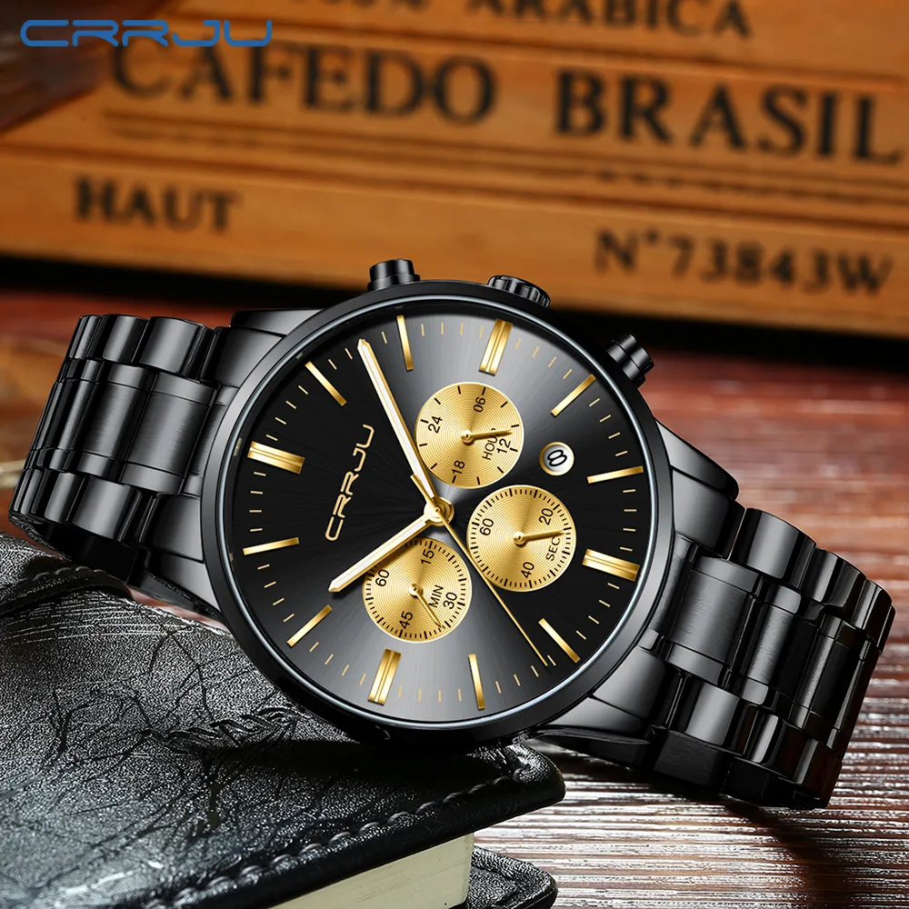 CRRJU Men Stainless Steel Band Watch Men's Business Luminous Quartz Wrist Watches Male Date Window Clock