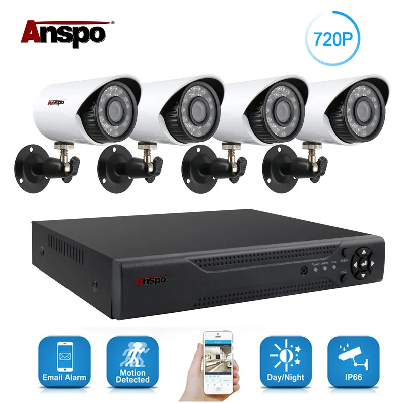 Camera Anspo 4CH AHD DVR Home Security Camera System Kit Waterproof Noite exterior Visão IR-Cut CCTV Surveillance Home 720P Branco