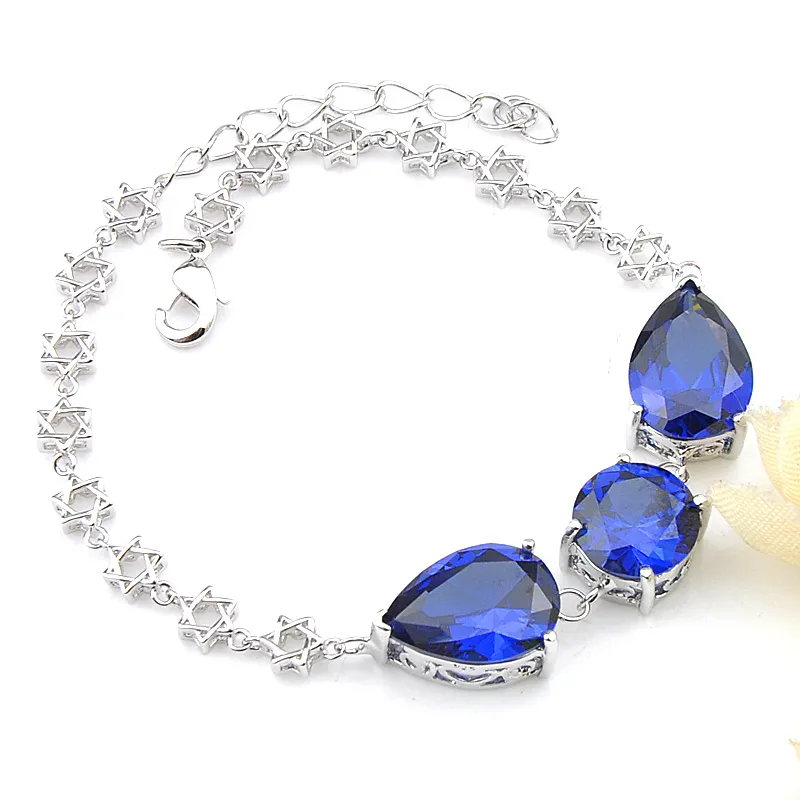 Clássico jóias Vintage Luckyshine Rodada da gota da água azul Topaz Gemas Prata Mulheres Cubic Zirconia Bracelet 8" B1130 transporte livre