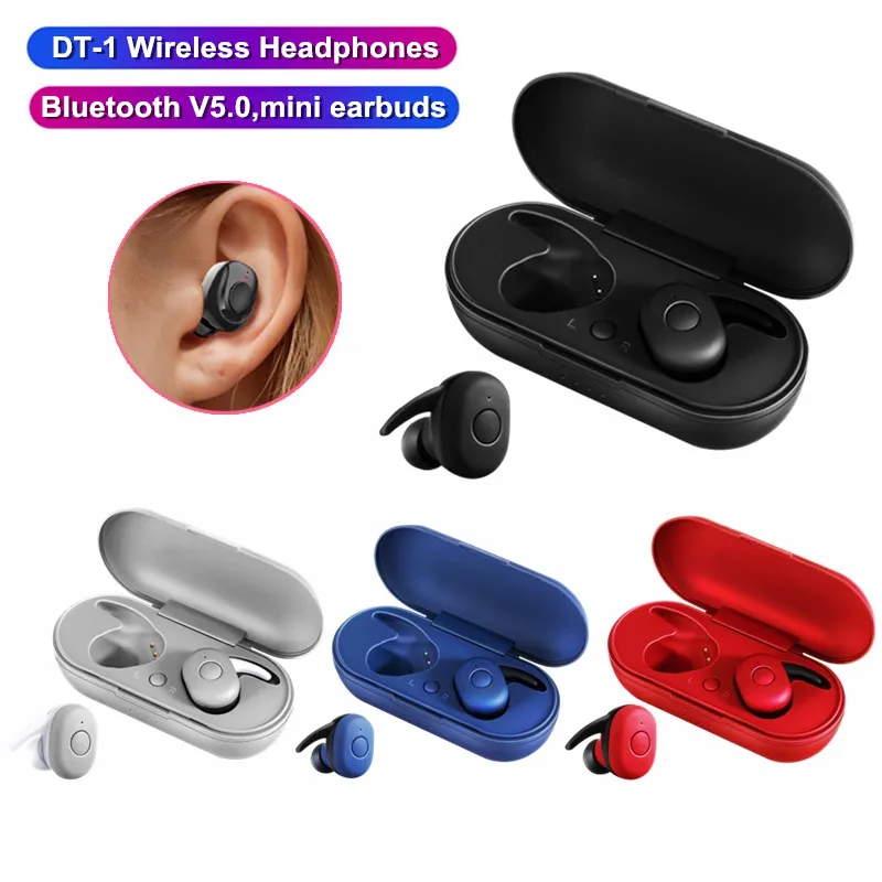 Przenośny DT-1 TWS Słuchawki Bezprzewodowe Mini Earbuds Bluetooth Earpieces Mobile Stereo Muzyka HeadphoneBuilt-in Mic Auto Parowanie Słuchawki DHL
