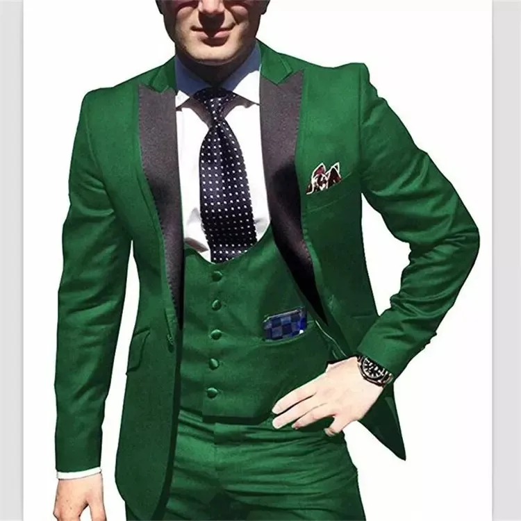 Brand New Green Groom Tuxedos Black Peak Lapel Groomsman Wedding 3 Piece Suit Moda Mężczyźni Business Jacket Blazer (Kurtka + Spodnie + Kamizelka + Kamizelka) 2664