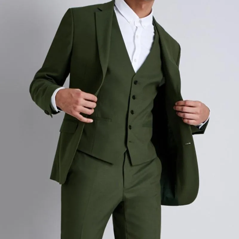 Smoking da sposo alla moda a due bottoni verde oliva Risvolto con risvolto da uomo Groomsmen da uomo 3 pezzi Abiti (giacca + pantaloni + gilet + cravatta) K202