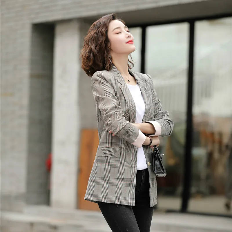 Vente en gros-Mode Dames Blazer Femmes Vestes À Carreaux À Manches Longues Vêtements D'affaires Femme Élégant Bureau Formel Styles De Vêtements De Travail