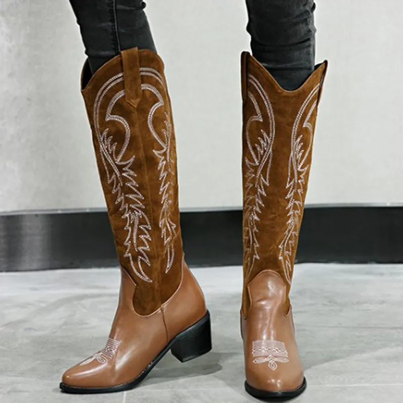 Западные ботинки заостренные носки зима теплые ковбойские ботинки женские коленные женские казаки ботас Мухер