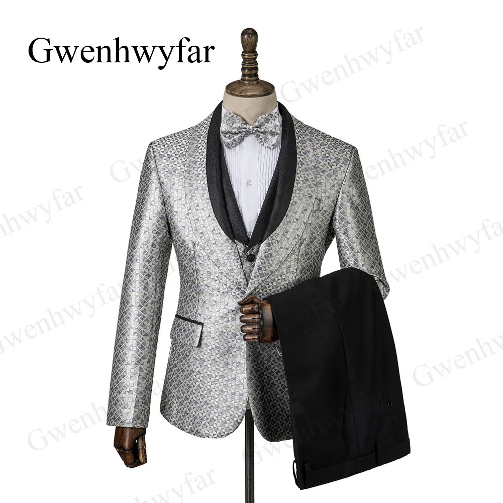 Gwenhwyfar 2019 Uomini duri Diamond Jacquard Abiti da uomo Cantanti Eseguire Stage Show Moda Smoking Abito da sposa Costume Homme