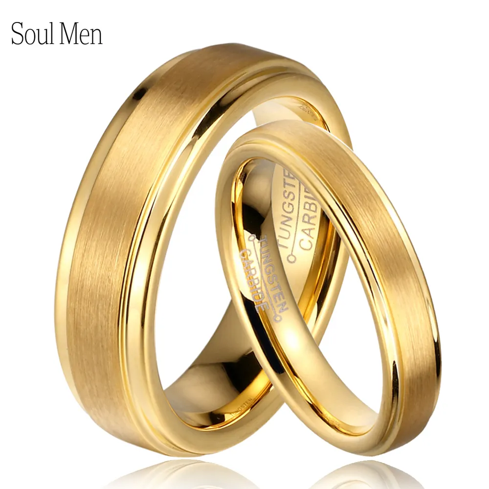 Soul Men 1 paio di fedi nuziali in carburo di tungsteno color oro impostate per lui e per lei 6mm per uomo 4mm per donna Finitura spazzolata J190718