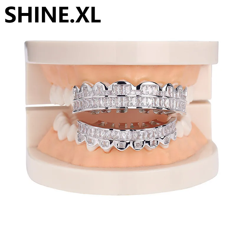 Hip Hop Iced Out Zirkon Custom Fit Gold Zähne Grillz Caps Micro Pave Zirkonia Oben Unten Grills Set für Weihnachten geschenk Frauen