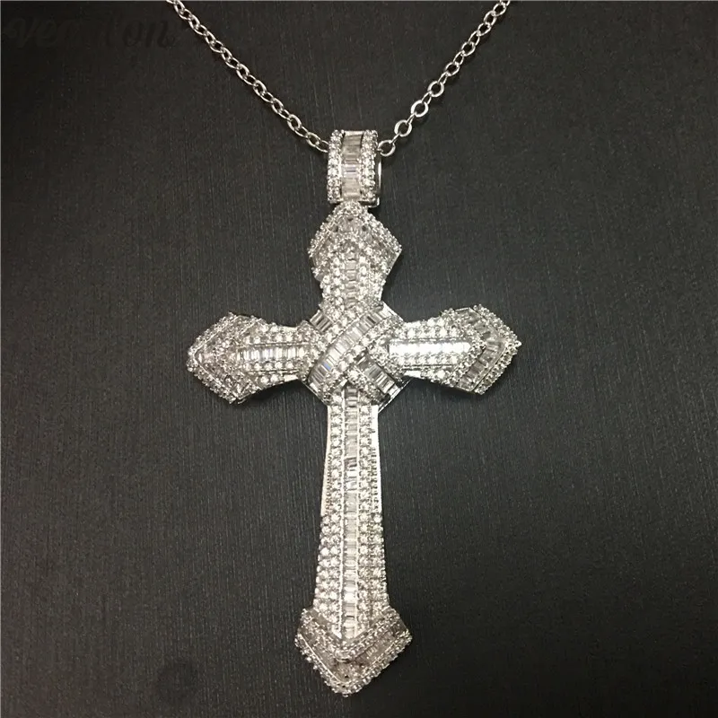 Vecalon Fashion HIPHOP Ciondolo croce grande Ciondolo in argento sterling 925 con diamanti per le donne