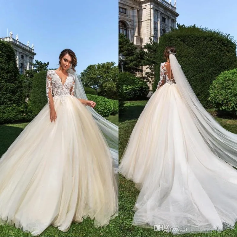 Elegant Long Sleeves Lace A Line Wedding Dresses Deep V Neck Sheer Tulle Applique Sweep Train Wedding Bridal Gowns With Buttons BC1521