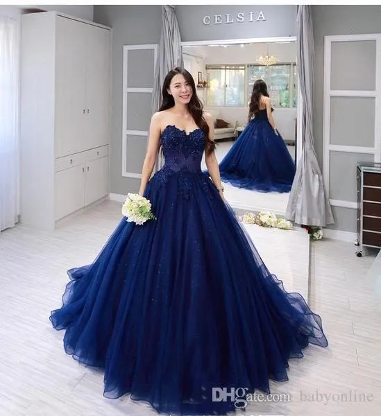 Nuovo abito da ballo blu navy vintage Sweetheart Lace Applique APPLICE ASSEGGIO FORMALE Sweet 15 abiti abiti da festa 2024