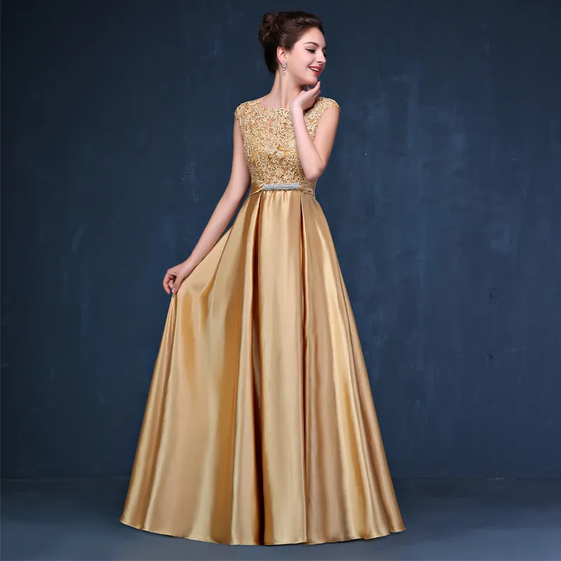 Langes Brautjungfernkleid aus Satin mit U-Ausschnitt und Schleife in Gold, Königsblau, Rosa und Burgunderrot, Partykleider, Robe de Soiree