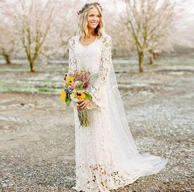 2020 cheap Romantic Boho Wedding Dresses Long Sleeves v neck A Line Full Lace Country Bridal Gowns Custom Made Wedding Gowns sweep train