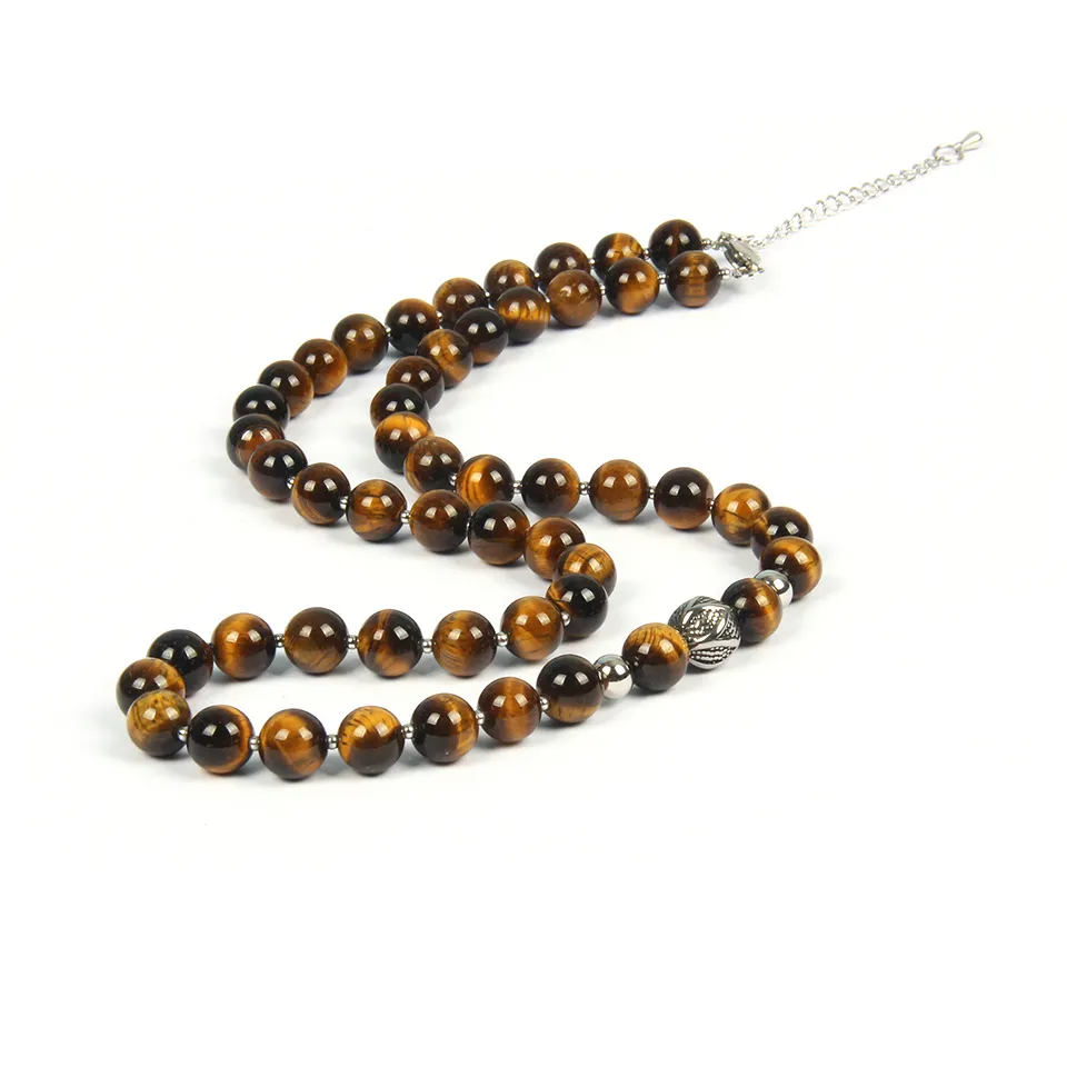Collier Homme Oeil De Tigre - Perles 6/8/10mm - Longueur 47 à 58 Cm - Fermoir Mousqueton - Pierre Naturelle - 8
