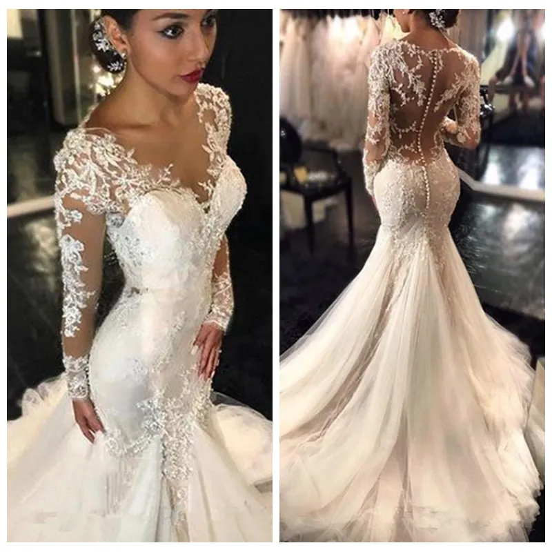 Abiti da sposa a sirena slim con maniche lunghe trasparenti in pizzo Abiti da sposa Petite 2023 Abiti da sposa modesti in Medio Oriente personalizzati