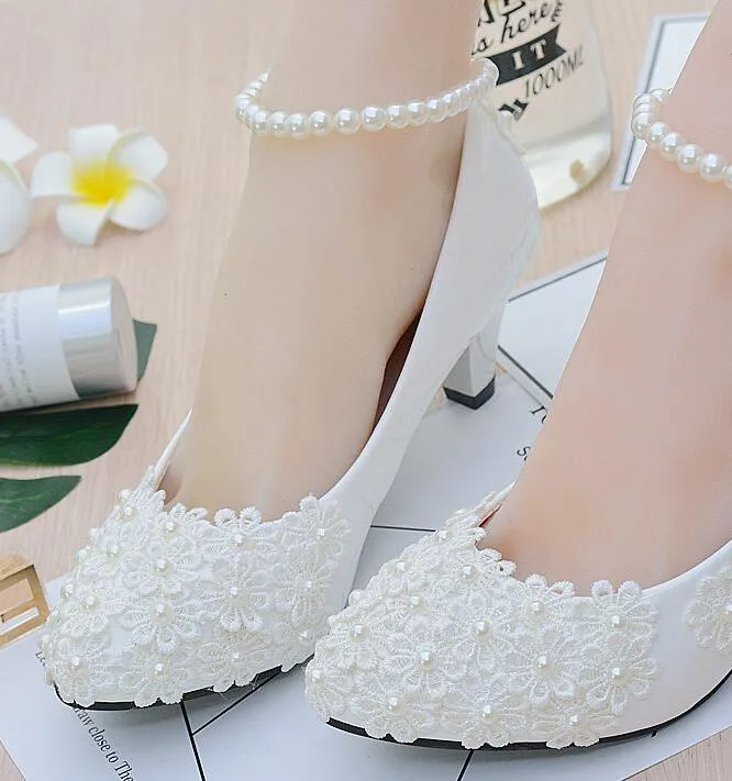 Ivory Pearl Lace Wedding Shoes Handmade Bridal Flats Heels 4.5cm 8cm Custom Made Round Toe Ankle Strap From Graceful ladies 57.52 DHgate.Com
