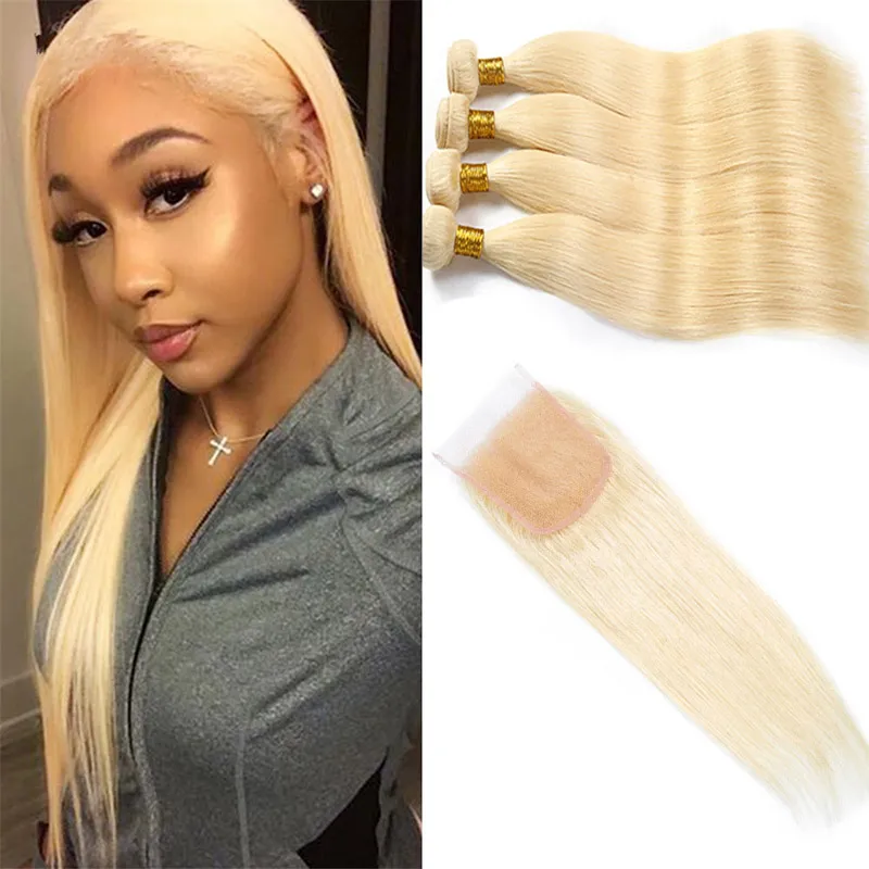 Extensions de cheveux vierges malaisiens 8-30 pouces Blonde 613 4 faisceaux avec fermeture à lacet 4X4 trames de cheveux humains avec fermeture cheveux de bébé