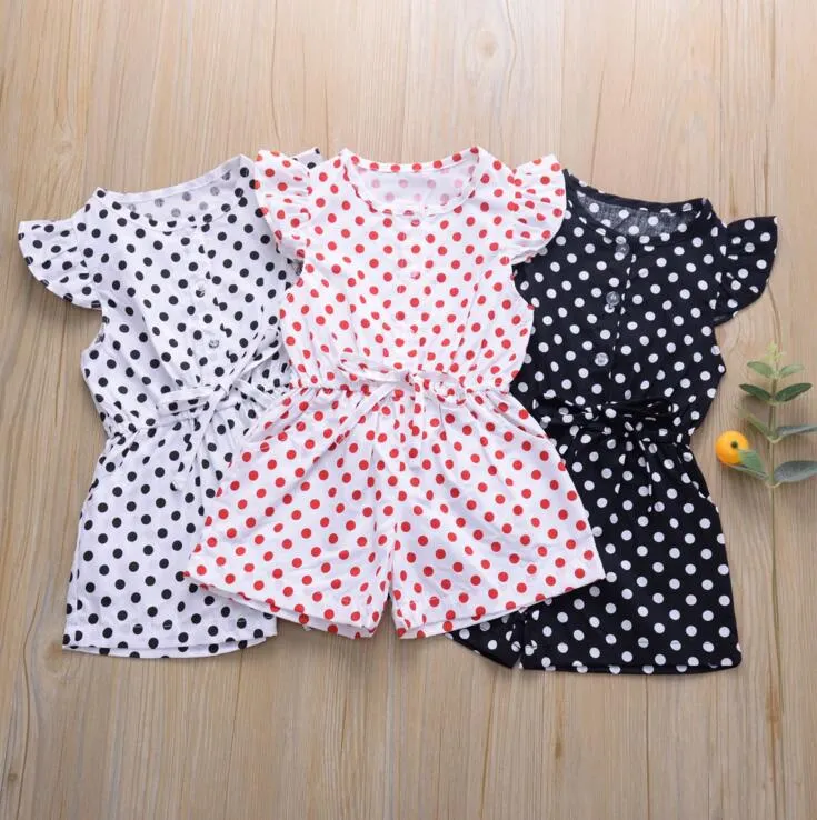 Dziewczyny Jumpsuit Lato Wzburzyć Rękawy Przycisk Sznurowanie Pajaciki Retro Dots Drukowane Dorywczo Romper Dzieci Moda Body Body Ubrania ClSyp746