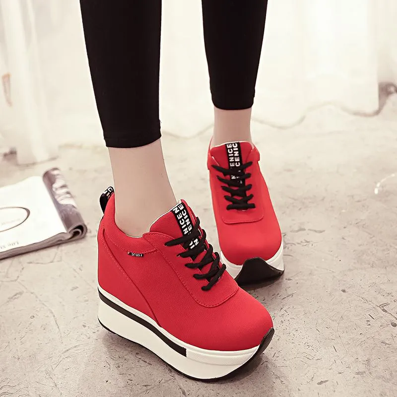 Hot Sale-Women Sneakers Mode Kvinnor Höjd Ökande Andningsbara Lace-Up Wedges Sneakers Platform Shoes Canvas Woman