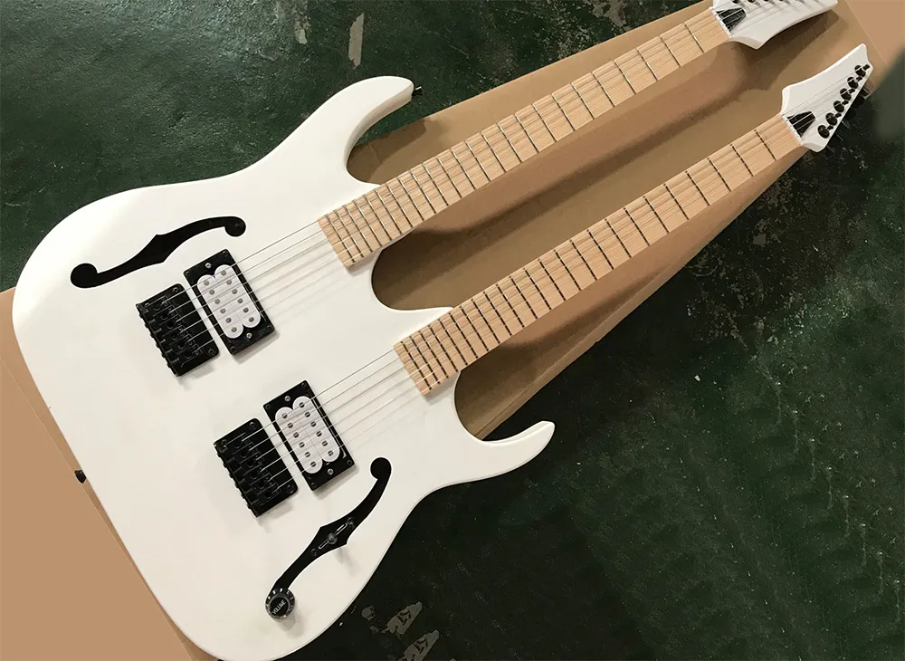 White Double Necks 6+6 Strings Electric Guitar With Semi Hollow Body