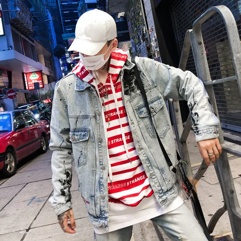Mens Graffiti Denim Jacket 2024 Streetwear Hip Hop Casual