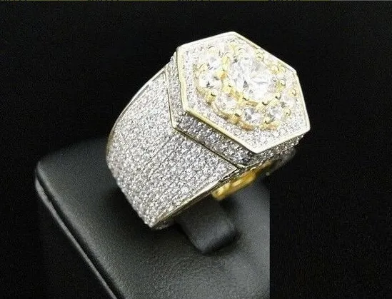 Hip Hop Uomo Ghiacciato Zircone Cubico Bling Anello Oro Colore Esagono Pieno CZ Gioielli Micro Pavimentato Ghiacciato Zircone Cubico Anelli Regali