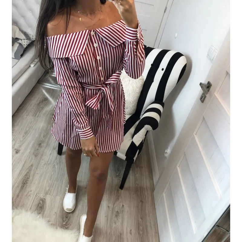 Casual Women Shirts Dress Elegant Off Shoulder Striped Dresses Short Bow Ties Summer Dress Vestidos