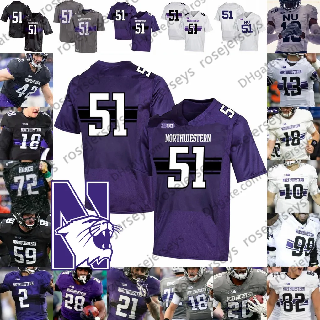 Benutzerdefinierte Northwestern 2019 Football Schwarz Grau Lila Weiß #10 TJ Grün 25 Isaiah Bowser 18 Clayton Thorson 26 Evan Hull NCAA 150TH Trikot