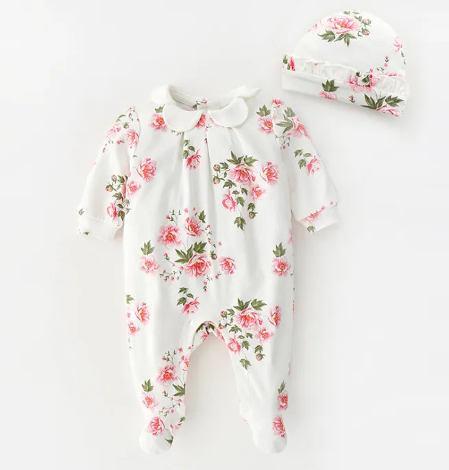 Jesień Niemowlę Kwiatowe Romper Cute Baby Girls Petals Lapel Długim Rękawem Kombinezon + Falbala Hat 2PC Zestaw Noworodka Dzieci Bawełniane Onesie Y2560