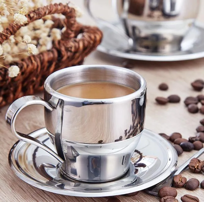 160ml Stainless Steel Coffee Tea Set Double Layer Coffee Cup Mugs Espresso Mug Milk Cups With Dish And Spoon GGA2646