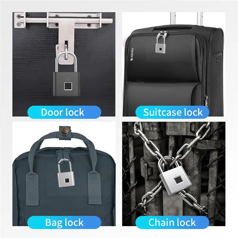 Serrure de porte sans clé d'identification d'empreintes digitales Cadenas intelligent Déverrouillage rapide Métal en alliage de zinc Serrure à puce auto-développante USB Rechargeable Maison polyvalente