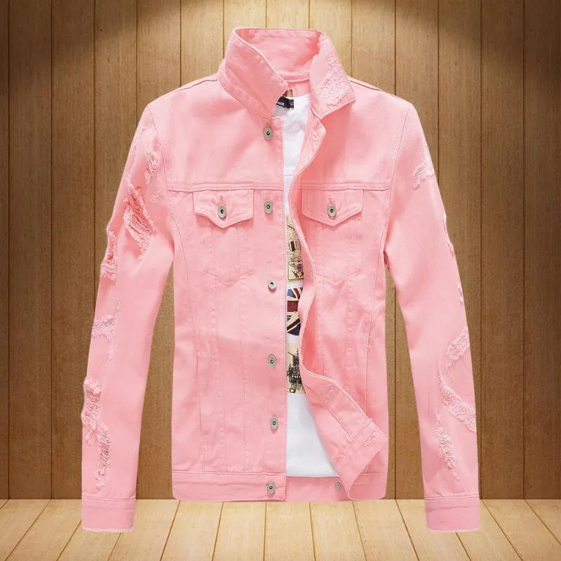 Mens streetwear denim jackets koreanska mode män hip hop rippade jeans jacka kappa män märke kläder svart vit röd rosa xxxl