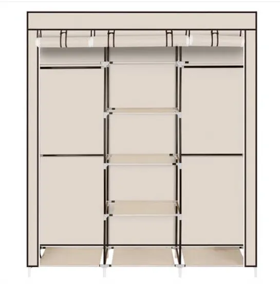 69" Portable Clothes Closet Non-Woven Fabric Wardrobe Double Rod Storage Organizer Beige