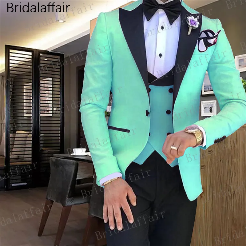 Gwenhwyfar Custom Made Mint Green Peaked Lapel Mäns kostym Set Formell Bröllop Prom Groom Tuxedo 3 Pieces Suit (Jacket + Pants + Vest)