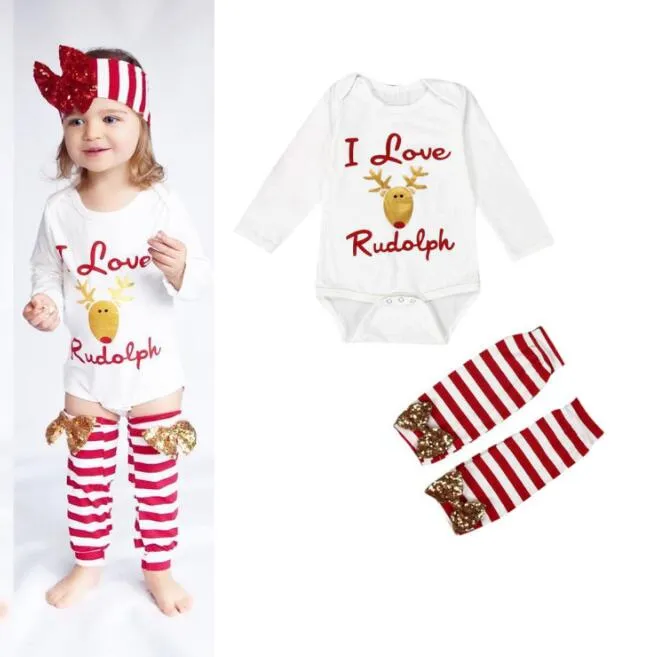 Çocuk Tasarımcı Giysileri Kızlar Noel Kıyafetleri Moose Çiçek Baskı Çocuk Giyim Beyaz Uzun Kollu Romper Legging Bandı Setleri BY1444