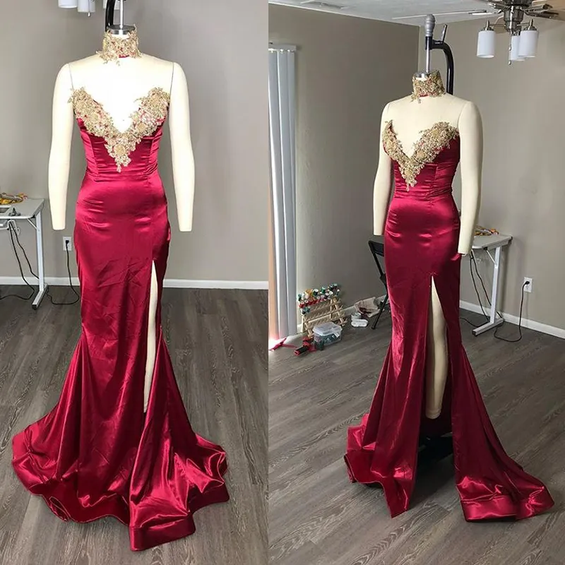 Red Sequins Mermaid Dresses Prom 2020 Black Girl mangas V profundo Neck Lace apliques Africano Evening vestidos de Split Além disso vestido de festa barato