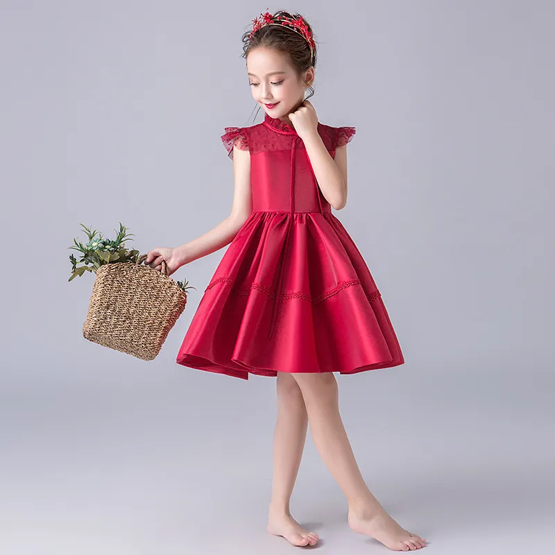 Lovely Wine Satin Jewel Rodilla Vestidos cortos para ni as Vestidos de ni a de flores Vestidos de fiesta de princesa Falda para ni os por encargo