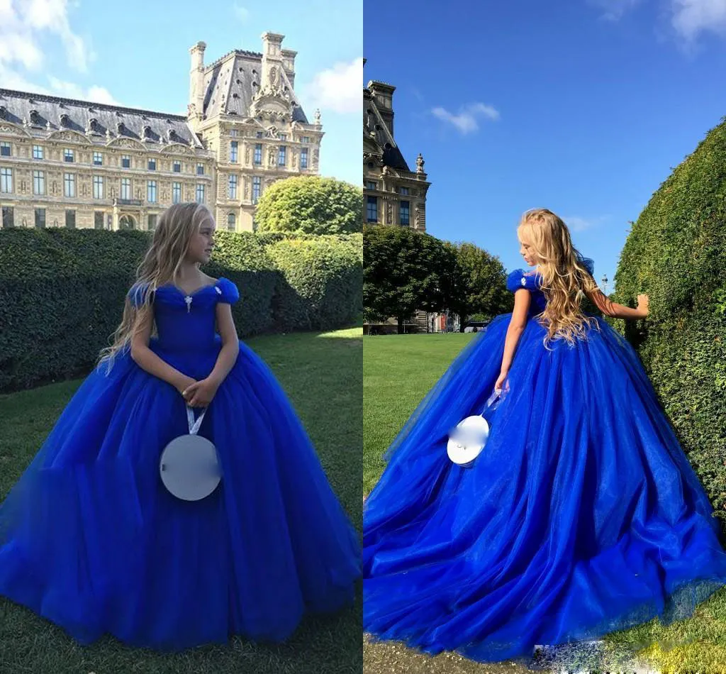 Royal Blue Flower Girls Dresses Tulle Sweetheart Neck Princess Ball Gowns For Birthday Floor Length Kid Girl Clothes