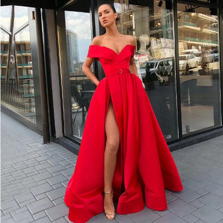 2019 Sexy Off the Shoulder Red Evening Dresses with Split Prom Gowns Floor Length Women Party Clothes